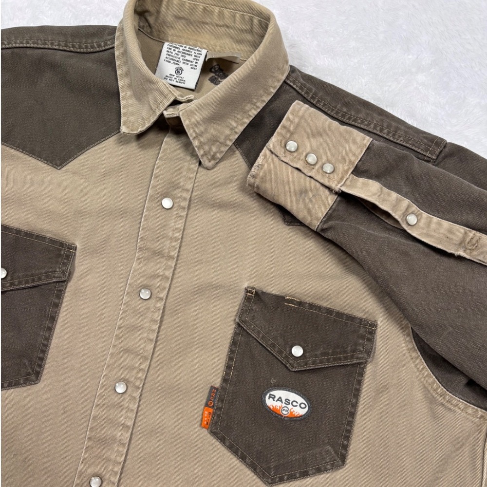 Rasco FR Work Western Shirt Mens 2XL Tan Two Tone DUCK CANVAS Pearl Snap FKG2003